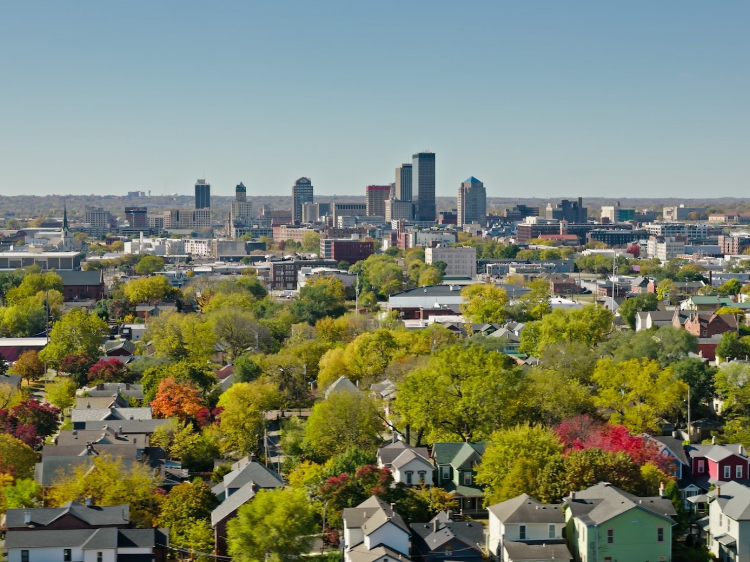 View of Dayton, Ohio skyline and houses.