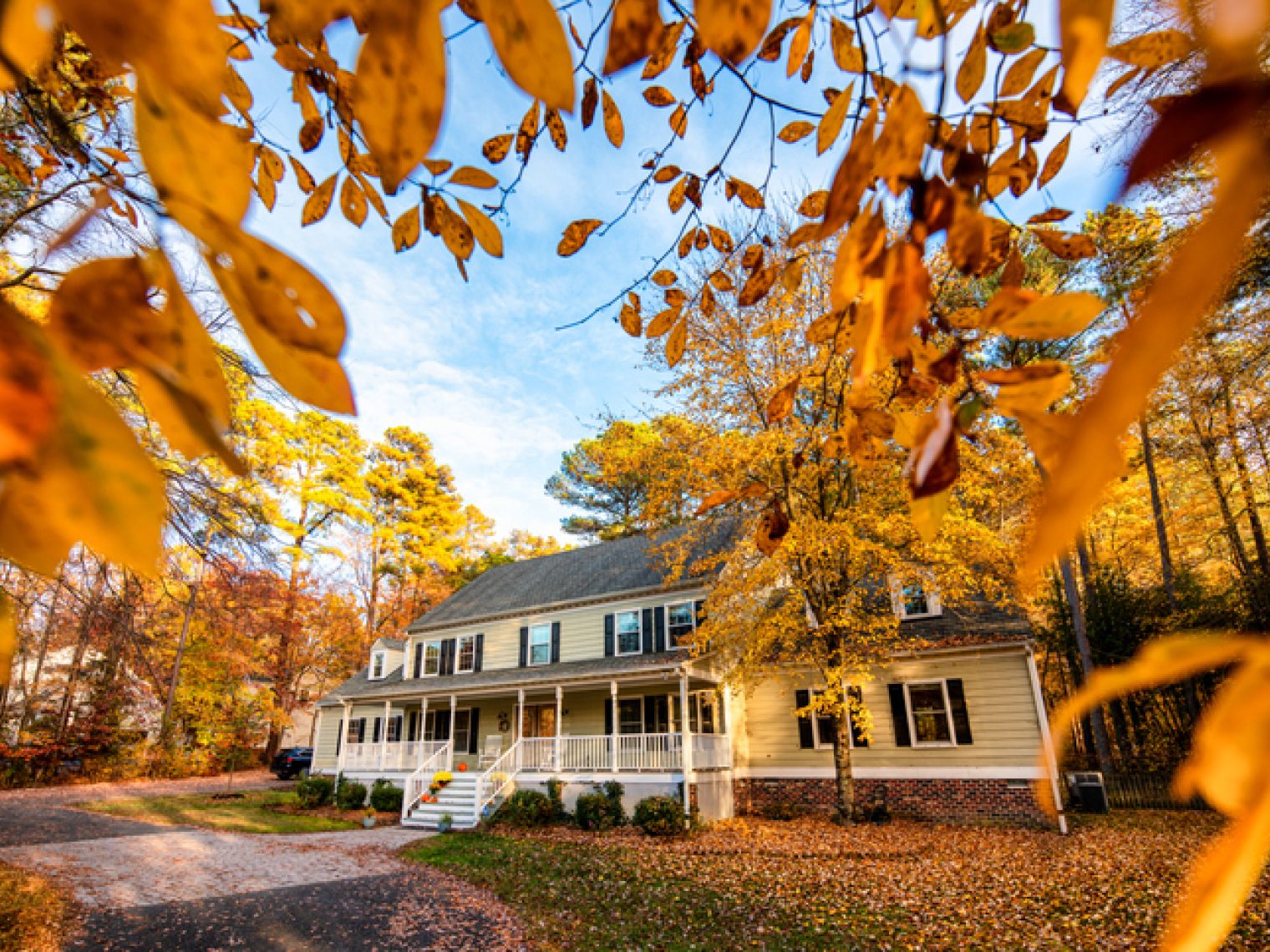 A picturesque two-story house is framed by the vibrant foliage of autumn. The home's classic design, complete with a covered front porch and dormer windows, is nestled amidst a landscape covered with a carpet of fallen leaves.